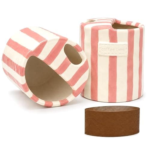KOIMYSA Ceramic Coffee Mug with Sip Hole, 12oz To Go Ceramic Mug Striped | Cute Aesthetic Mug for Espresso Latte Cappuccino, Handmade Glazed Cup for Home Office Gift Use, Pink - Image 1