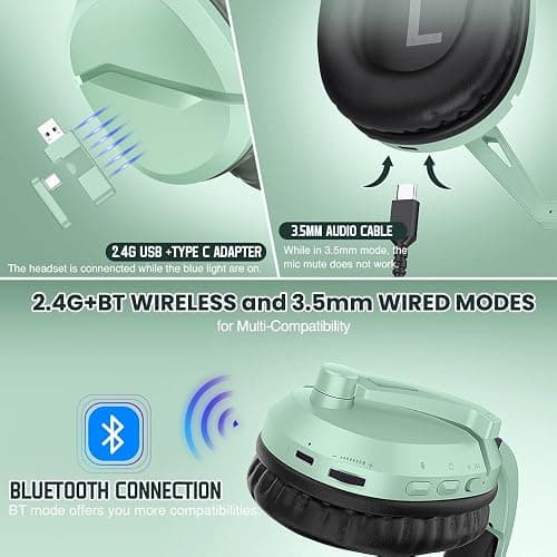 WolfLawS Wireless Gaming Headset with Noise Canceling Microphone for PS5, PC, PS4, 2.4G/Bluetooth Gaming Headphones with USB and Type-c Connector, Wired Mode for Controller (Green) thumbnail 5