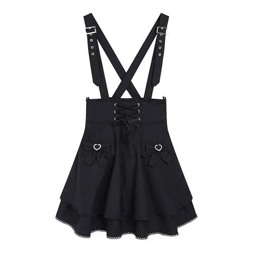 Cuteighteen Goth Mini Skirt Teens High Waisted Y2K Cute Lace Lolita A Line Flare Kawaii Suspender Skirts with Bow thumbnail 2