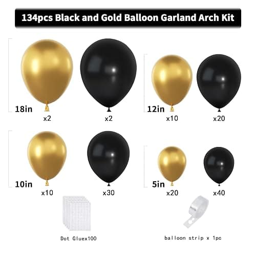 Black and Gold Balloons Garland Arch Kit, 134pcs Black and Metallic Gold Balloons with Different Size for 2026 Graduation Decorations, New Year, Birthday, Anniversary Party Decorations thumbnail 3