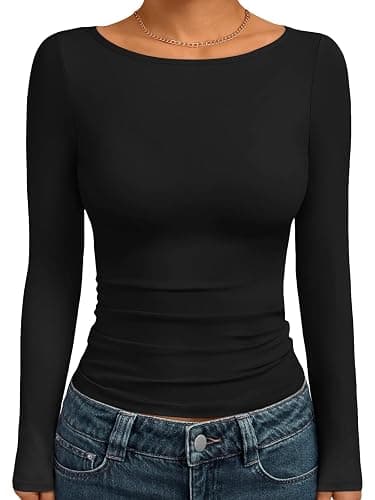 Trendy Queen Women's Boat Neck Tops Long Sleeve Shirts Casual Fitted Tee Shirts Solid Color Fall Basic Clothes 2025 - Image 1