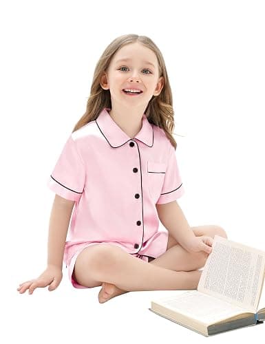 SWOMOG Unisex Kids Satin 2 Piece Pyjamas Sets Short Sleeve Teen Girls Boys Solid Button Down Top and Shorts Age 4-13 thumbnail 3
