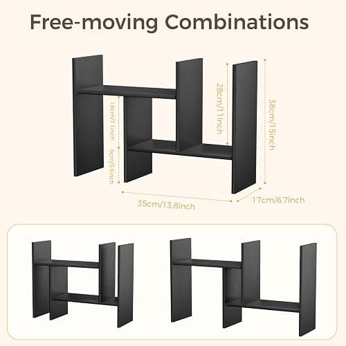 Mihoho Desktop Shelf Organizer, Adjustable Wood Desktop Bookshelf, Office Storage Rack, Wood Display Shelf for Home, Study, Office (Black c) thumbnail 3