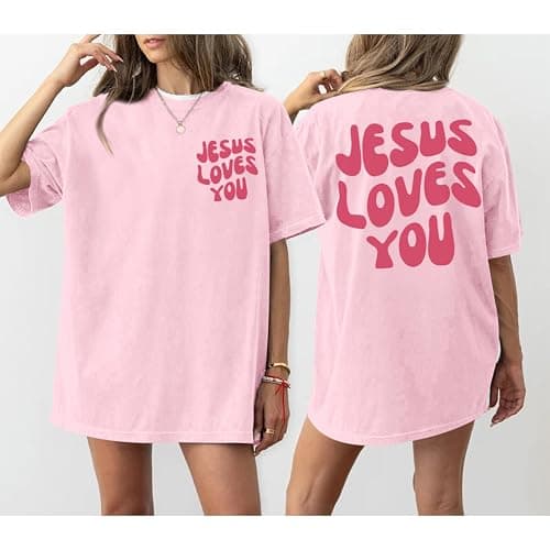Kelxjia Christian Jesus Shirts for Women Oversized Jesus Loves You Tshirts Religious Faith Shirt Inspirational Graphic Tees thumbnail 3