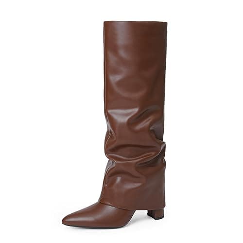 Modatope Knee High Boots Women Fold Over Knee High Boots Chunky High Heels Long Boots Zipper Pointed Toe Dress Tall Boots for Women - Image 1