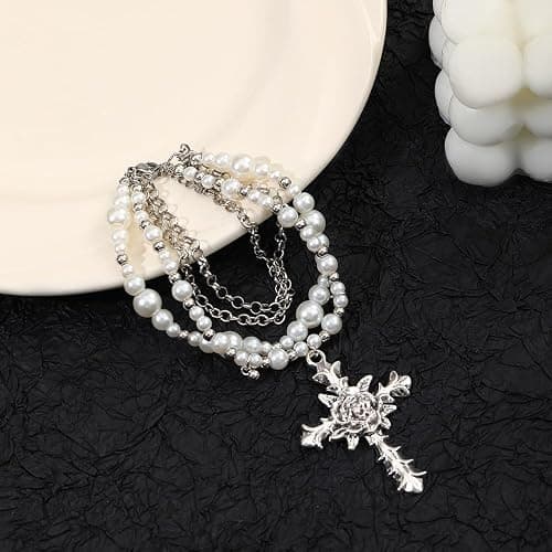 KURTCB Layered Pearl Cross Jewelry Set Statement Chunky Y2k Gothic Pearl Necklace and Earrings Bracelet for Women thumbnail 4
