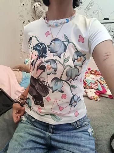 JOLILUNA Whimsy Twee Downtown Girl Kawaii Graphic Tee Hand-Drawn Guitar Girl Art Top 2025 thumbnail 3
