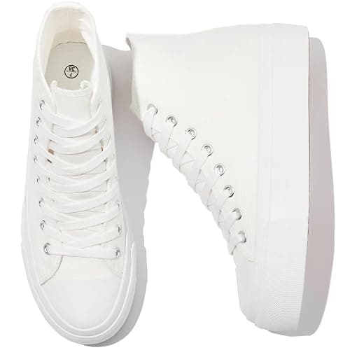 POVOGER Platform Sneakers for Women Fashion High Top Canvas Shoes White Womens Platform Shoes Casual Lace Up Mid Top Shoes - Image 1