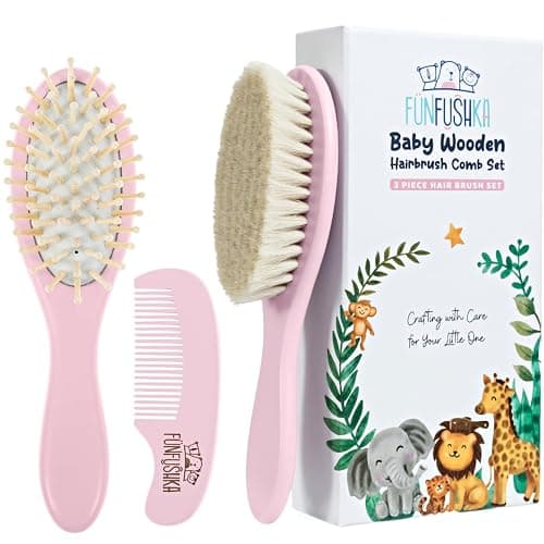 FUNFUSHKA Baby Hair Brush Set for Newborns - Baby Brush and Comb Set - Ultra Soft Goat Hair Bristles, Perfect for Cradle Cap, Newborn Showers & Registries Gift, Comb Brush for Girls & Boys (Rosa) - Image 1