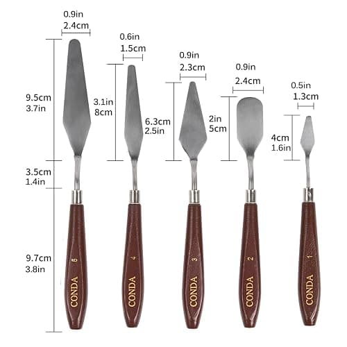 CONDA Palette Knife Painting Stainless Steel Spatula Palette Knife Oil Paint Metal Knives Wood Handle (Red 5 Piece) thumbnail 2