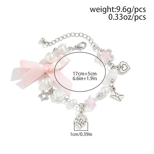 1/2Pcs Set Y2K Star Pearl Heart Crystal Chain Adjustable Aesthetic Bracelet Grunge Gift for Women Jewelry Gifts Punk Gothic Link Dainty Bracelet Resin Transparent Star Ribbon - 2 thumbnail 2
