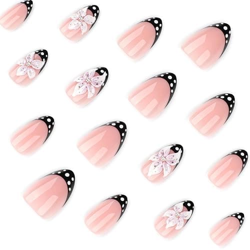 XZMeiLun 3D Pink Flower Black Polka Dot French Tips Press On Nails Short Almond, Acrylic Fake Nails. Salon-Quality Reusable Stick-Ons, Spring Summer Nails for Parties & Daily Wear | Women & Girls thumbnail 3