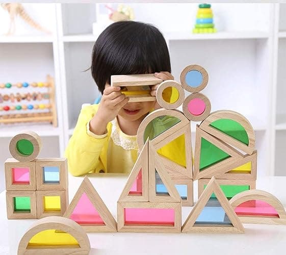 Agirlgle Wood Building Blocks Set for Kids 24 Pcs Rainbow Stacker Stacking Game Construction Toys Set Preschool Colorful Learning Educational Toys - Geometry Wooden Blocks for Boys & Girls thumbnail 4