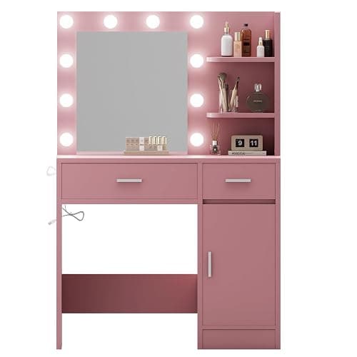 LIVELYGLOW Lighted Makeup Vanity Desk, 35.4“W x 15.7'”D x 54“H, Pink (with Lights and Mirror, Dimming Fuction, 2 Drawers and 1 Cabiniet, Open Shelves) thumbnail 10