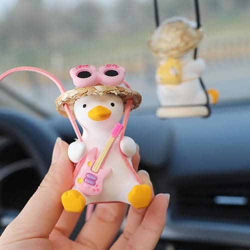 Gmngis Rear View Mirror Hanging Accessories of Swinging Duck Cool Swinging Duck Car Hanging Ornament Pendant Interior Rearview Mirror Decoration (White-Pink Duck) thumbnail 2