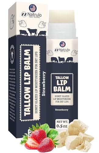 Beef Tallow Lip Balm – Natural Tallow Beeswax Chapstick – Hydrating Moisturizer Grass Fed Tallow Balm Care – Soothes Chapped Dry Lips Sensitive Skin – Long Lasting Vitamin Rich USA-Made, Strawberry - Image 1
