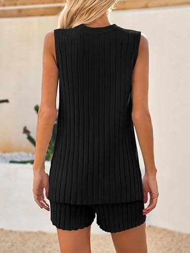 Tankaneo Womens 2 Piece Summer Outfits Knit Sweater Sets Sleeveless Ribbed Tunic Tops and Shorts Vacation Beach Lounge Set thumbnail 5