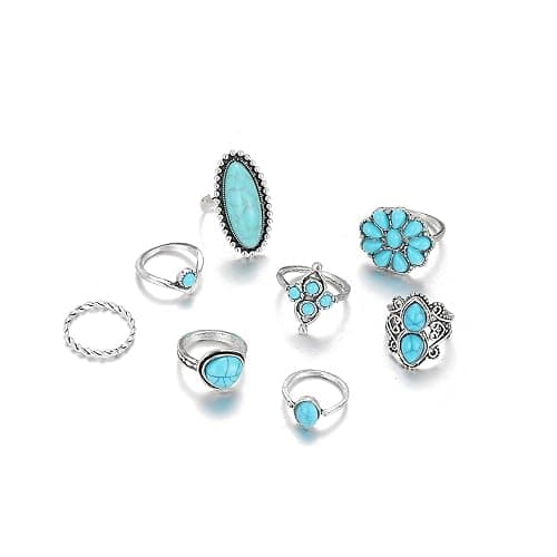 Bohemian Turquoise Ring Set for Women,Vintage Western Rings Chunky Turquoise Opal Stackable Knuckle Ring Set Punk Midi Finger Ring Pack Boho thumbnail 6