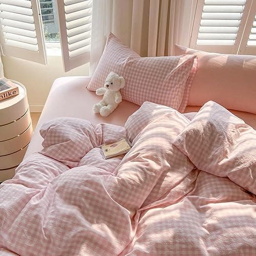 Nayoroom Gingham Duvet Cover Queen Size Pink White Plaid Checkered Comforter Cover Grid Farmhouse Bedding Set 3 Pcs Soft Breathable Washed Microfiber Gifts for Women Men thumbnail 4