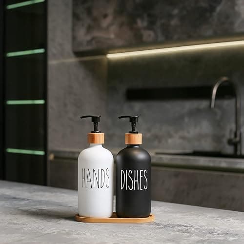 MOMEEMO Glass Soap Dispenser Set, Contains Hand Soap and Dish Soap Dispenser.Suitable for Kitchen Decor. (Black & White) thumbnail 4