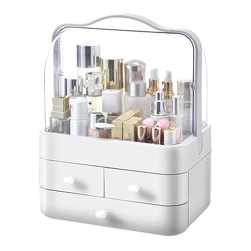 Neo Acrylic Makeup Organiser with Lid & Drawers Portable Dustproof Cosmetic Storage Box for Vanity, Bathroom Bedroom Countertop Skincare & Beauty Organiser (White) - Image 1