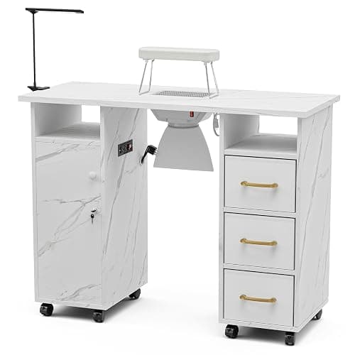 Belandi Manicure Table Nail Station with Charging Station, Marbling Texture Nail Tech Table Nail Table Station w/Dust Collector, Power Outlets, LED Lamp, Non-Woven Drawers & Wrist Cushion(White) thumbnail 9