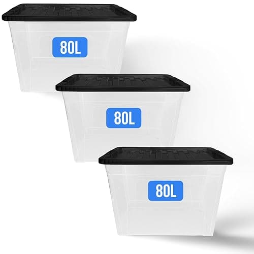 KAPCO 80L Plastic Storage Box with Black Lid (Pack of 3) | Large, Stackable, Strong, Durable Clear Box Containers for Home & Office | Multipurpose Storage Tubs | 57 x 40 x 40cm | 80 Litre - 3 Pack thumbnail 4