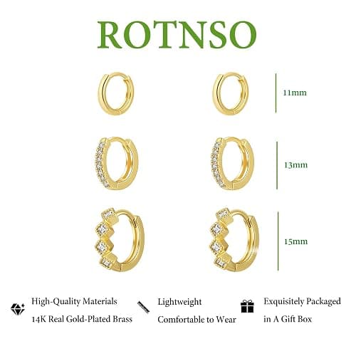 Rotnso Gold Hoop Earrings Set for Women Trendy, 14K Gold Plated Chunky Hypoallergenic Small Diamond Cartilage Hoops Cute Cubic Zirconia Dangle Stud Earrings Jewelry Gifts thumbnail 6