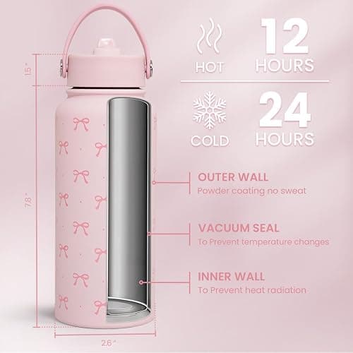 SANDJEST Pink Bow Water Bottle Stainless Steel Insulated Vacuum 32oz with Lid, Gifts for Women Girls Teens Birthday Christmas thumbnail 6