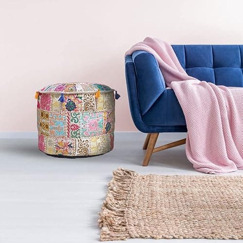 Aakriti Gallery Indian Pouf Footstool Ethnic Embroidered Pouf Cover - Cotton Round Pouffe Ottoman - Beige, 22x14 thumbnail 2