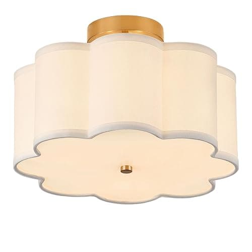 Giutna 13.3"Semi Flush Mount Ceiling Light Fixture, 3-Light Modern Close to Ceiling Light With Fabric Flower-Shaped Shade, Light Fixtures Ceiling Mount for Bedroom Nursery Kids Room Living Room(Gold) - Image 1