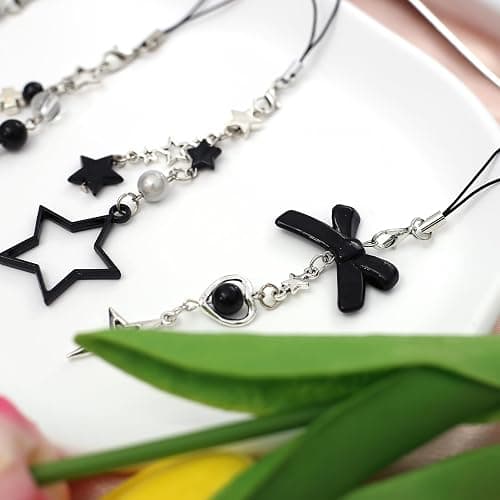 chihimoer 4PCS phone Charm Y2K Phone Accessories Aesthetic Keychain Star Flower Cute Decor String Cellphone Chain Pendant Strap Lanyard Butterfly Crystal Ribbon Bead Gothic Young thumbnail 4
