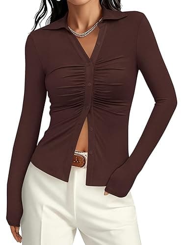 PRETTYGARDEN Womens Button Down Shirts V Neck Collared Ruched Slim Fit Long Sleeve Shirt Casual Fall Fashion Ladies Tops