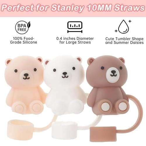 Cute Bear Straw Cover for Stanley Cup, Silicone Straw Topper for Stanley Cup 30&40oz with Tumblers, 10mm 0.4in Lid Accessories for Stanley Straws (2 Bear) thumbnail 4