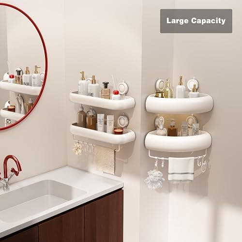 Voldra Corner Shower Caddy Suction Cup, Arc Shower Shelf Coner No Drilling Bathroom Coner Shelves Suction Shower Organiser Rack Adhesive Corner Caddy with Towel Bar Wall Mounted(2-Pack, White) thumbnail 7
