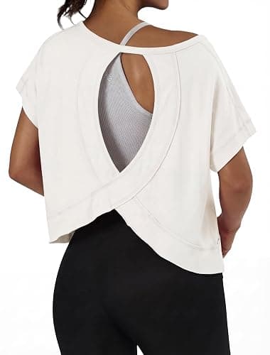 GRECERELLE Women's Open Back Workout Tops Backless Athletic Shirts Casual Crop Running Tee Y2k Yoga - Image 1