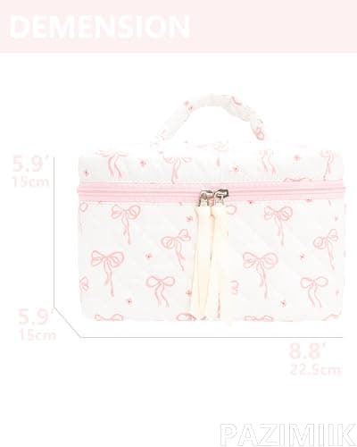 Quilted Makeup Bag Large Travel Zipper Soft Cosmetic Case for Women Girls Make Up,Bow Pink thumbnail 4
