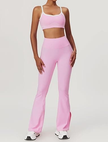 OMEWEE Yoga sets for women 2 piece Fashion contrasting lines Sports Bra and High Wasit Split hem Flared Leggings thumbnail 3
