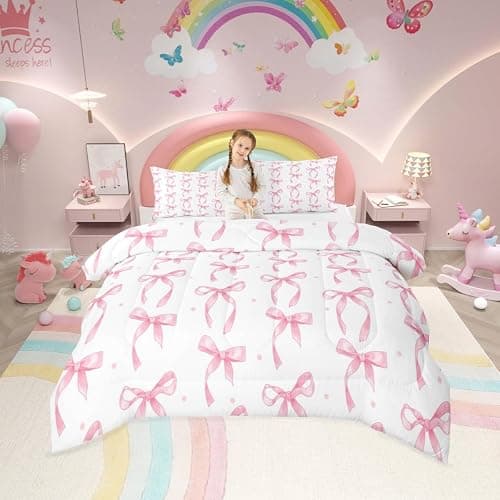 Erosebridal Cute Pink Bow Twin Bedding Set for Girls,Ribbon Bow Knot Comforter Set for Kids Kawaii Room Decor,Princess Bowknot Bed Set Girly Pink Bows Bedding Comforter Sets,1 Pillowcase thumbnail 7