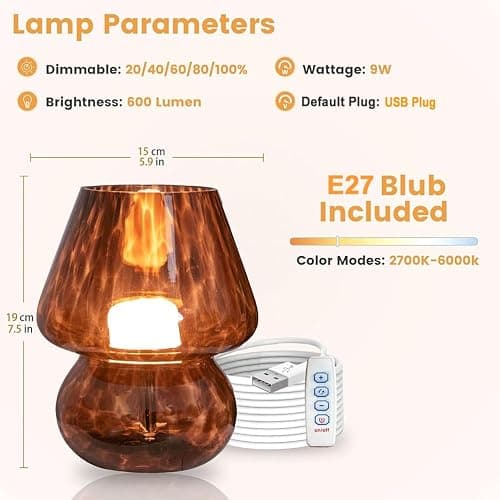 Pilz Lampe Vintage Tischlampe Glas Nachttischlampe mit Kabel Dimmbar Tischleuchte mit 3 Farbe Glühbirne Retro Schreibtischlampe Mushroom Nachtlicht LED Mini Lampe für BüRo Bars Wohnzimmer Schlafzimmer thumbnail 2