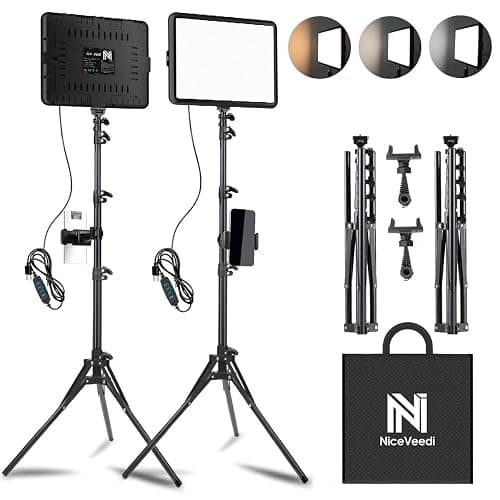 2-Pack LED Video Light Kit, NiceVeedi Studio Light, 2800-6500K Dimmable Photography Lighting Kit with Tripod Stand&Phone Holder, 73" Stream Light for Video Recording, Game Streaming, YouTube… - 15W-2 Pack - Image 1