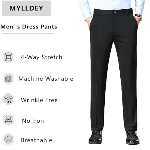 Mylldey Men's Regular Fit Dress Pants Casual Business Flat Front Mens Wrinkle Free Comfort Stretch Pants thumbnail 4