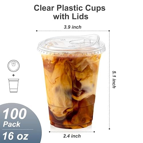 Dealusy 100 Pack - 16 oz Clear Plastic Cups with Lids, Sturdy & Food Safe Iced Coffee Cups with lids, Disposable Plastic Smoothie Cups for Cold Drinks, Sip Lids thumbnail 3