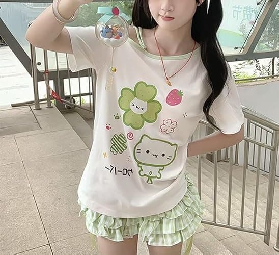Womens Y2K Off Shoulder Kawaii T-Shirt Suit Hrajuku Plaid Ruffled Lace Pumpkin Short Pants Cute Cat Graphic Tops thumbnail 3