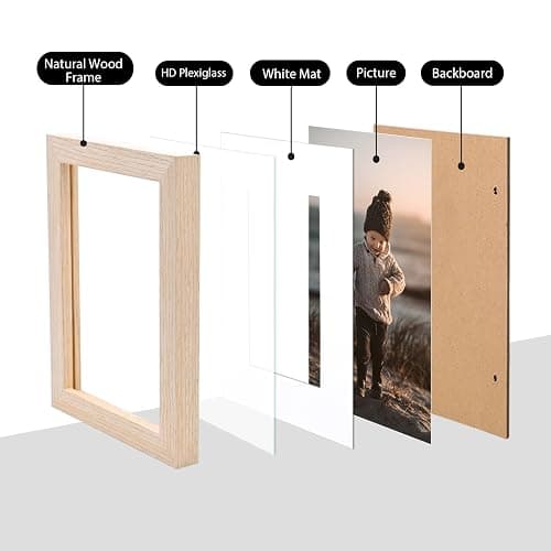 KINLINK 4x6 Frame Natural, Solid Wood 4 x 6 Picture Frame with Acrylic Plexiglass for 3.5x5 with Mat, Tabletop and Wall Display Photo Frames 4x6 Natural, 4 Pack thumbnail 5