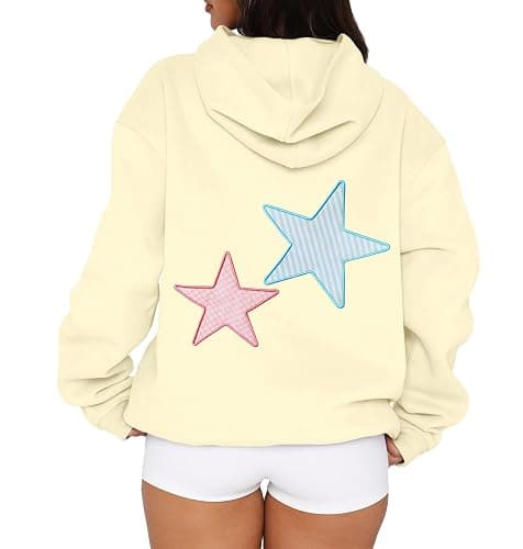 AKLOPVII Women Y2k Cute Star Graphic Embroidery Oversized Fleece Hoodies Striped Plaid Patch Pullover Hooded Sweatshirt - Image 1