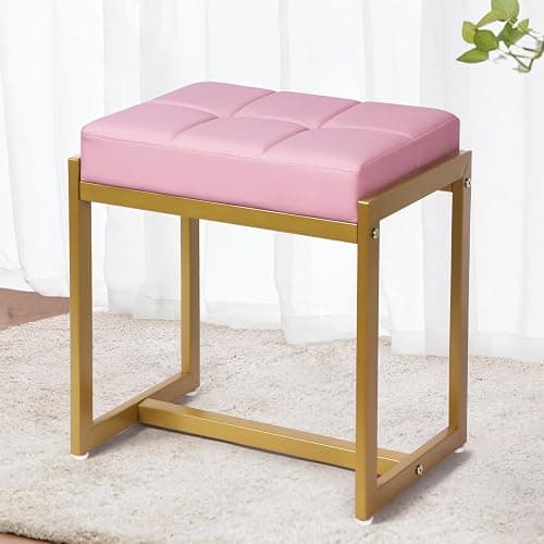 FLYZC Vanity Stool, Pink Small Vanity Stools Chair, Square Cushion Makeup Chairs for Vanity, Metal Foot Stool Ottoman Seat for Bedroom Makeup Living Room, Pink & Gold - Pink & Gold - Image 1