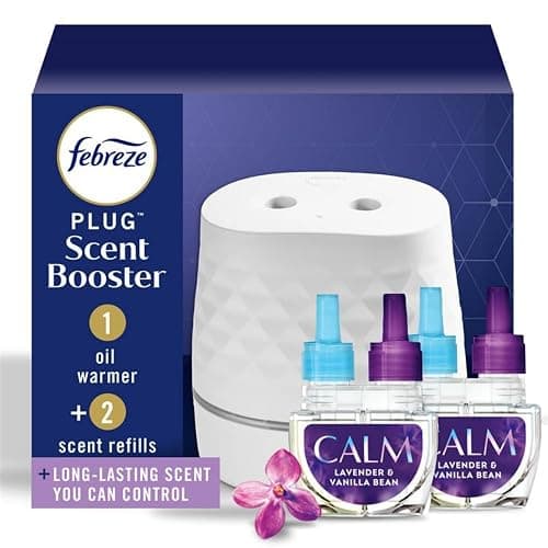 Febreze Plug Scent Booster Starter Kit, Oil Diffuser, Air Freshener Plug in, Continuous Scent Device + 2 Downy Calm Refills - Image 1