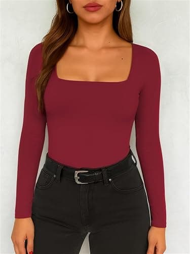 ForeFair Women Square Neck Long Sleeve Going Out Tops Tight Double Lined Basic Tees Shirt thumbnail 5