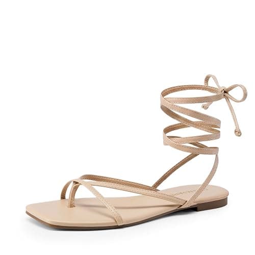 DREAM PAIRS Womens Strappy Lace Up Summer Flat Sandals | Comfortable Thong Design Gladiator Dressy Square Toe Tie Up Sandals for Walking Beach Vocation City Walks Travel - Image 1